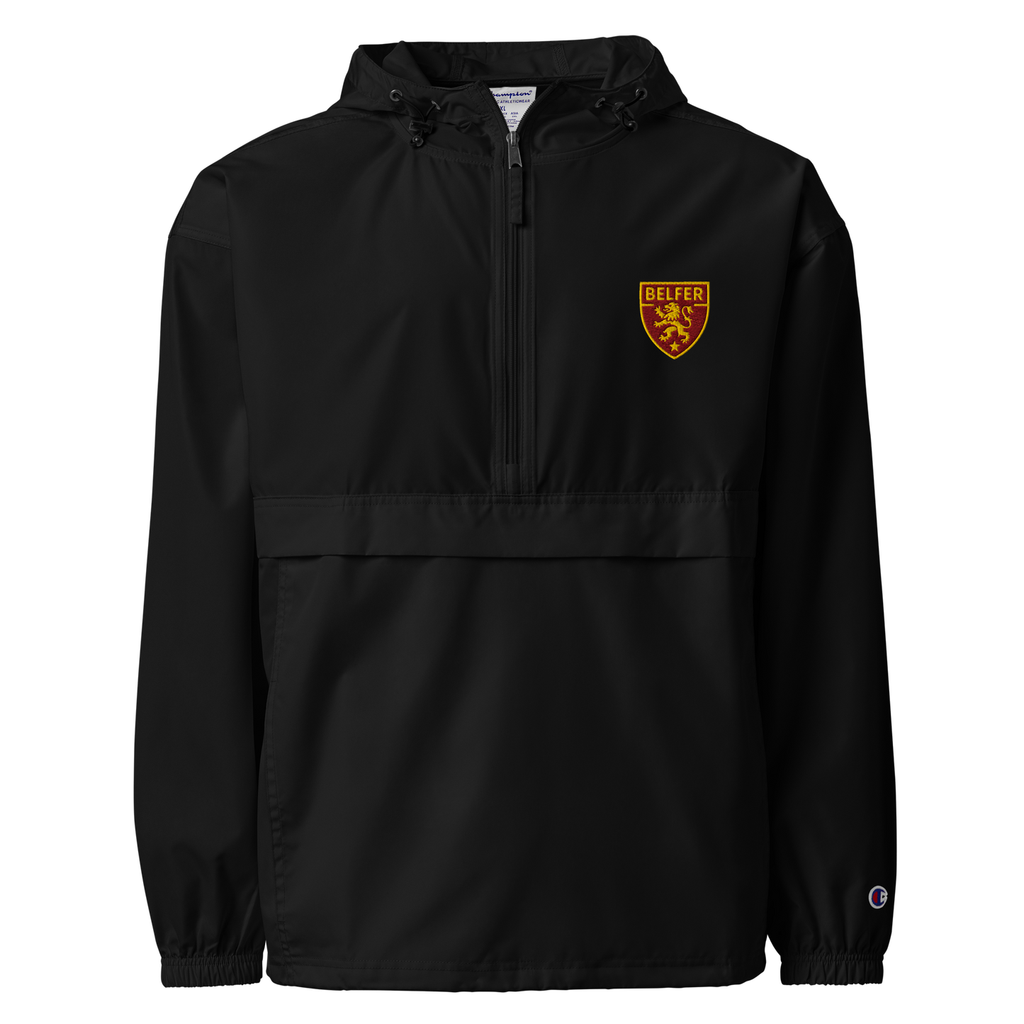 Belfer® Lion Crest Packable Windbreaker Black Front — Belfer® Premium Streetwear UK