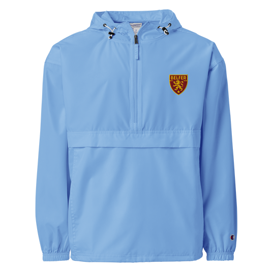 Belfer® Lion Crest Packable Windbreaker Light Blue Front — Belfer® Premium Streetwear UK