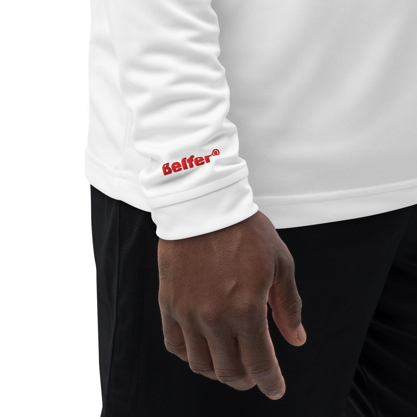 Belfer® Lion Crest Quarter-Zip Pullover White Wrist Detail — Belfer® Premium Streetwear UK