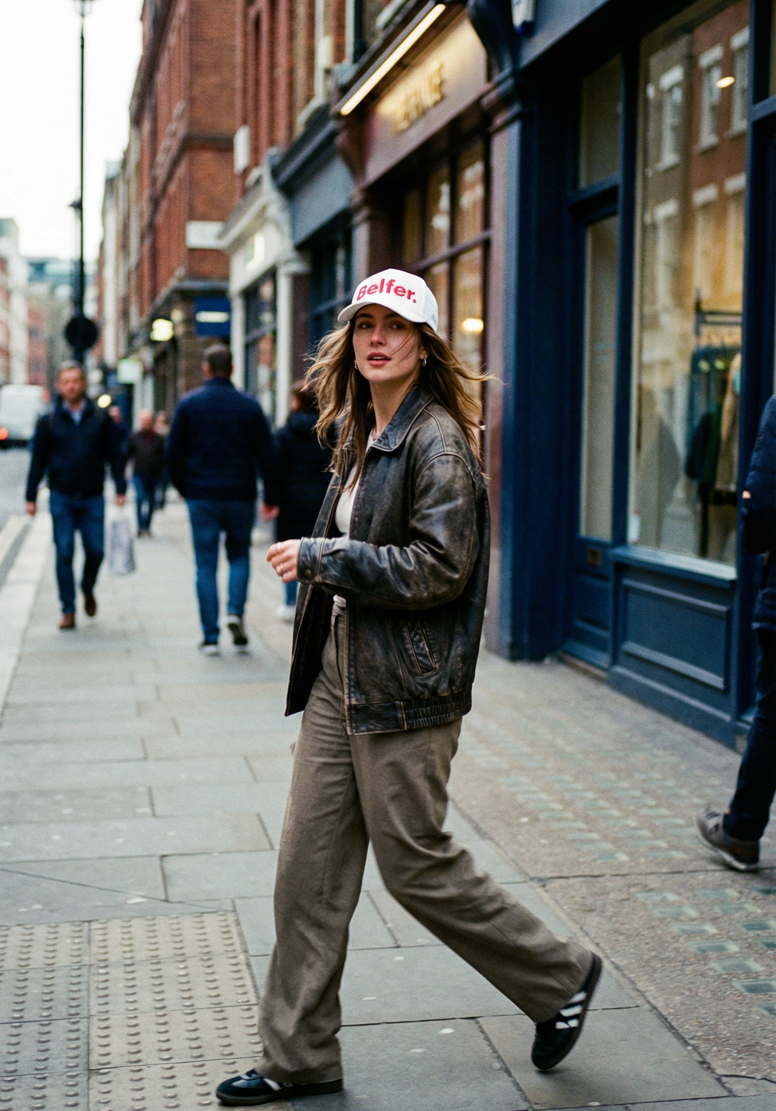 Woman walking on a city street wearing a leather jacket and cap.