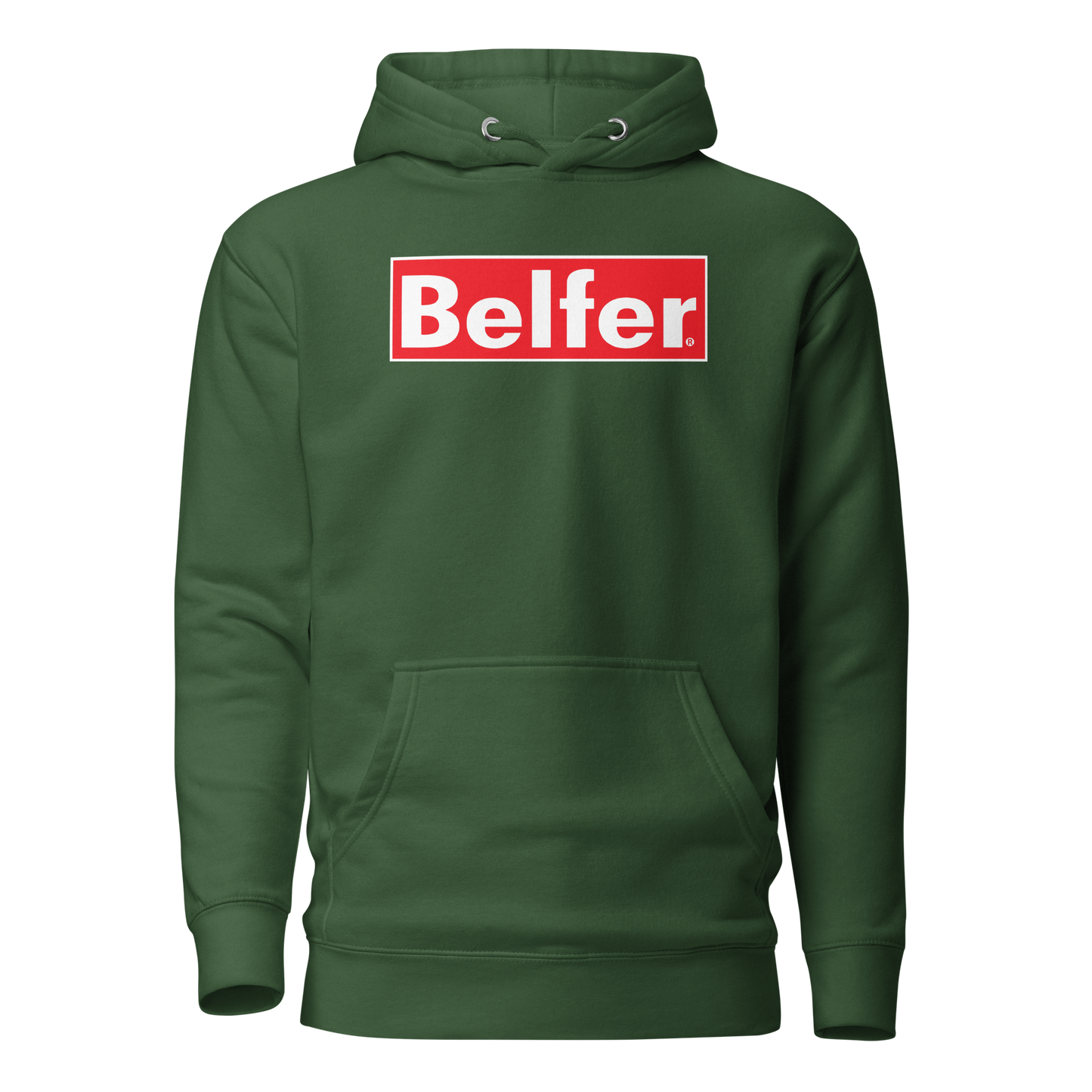 Belfer® Box Logo Premium Hoodie Forest Green Front — Belfer® Premium Streetwear UK