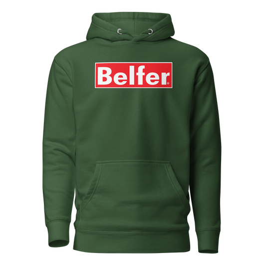 Belfer® Box Logo Premium Hoodie Forest Green Front — Belfer® Premium Streetwear UK