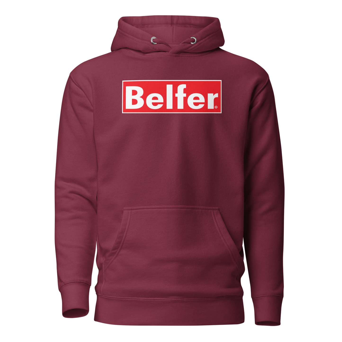 Belfer® Box Logo Premium Hoodie Maroon Front — Belfer® Premium Streetwear UK