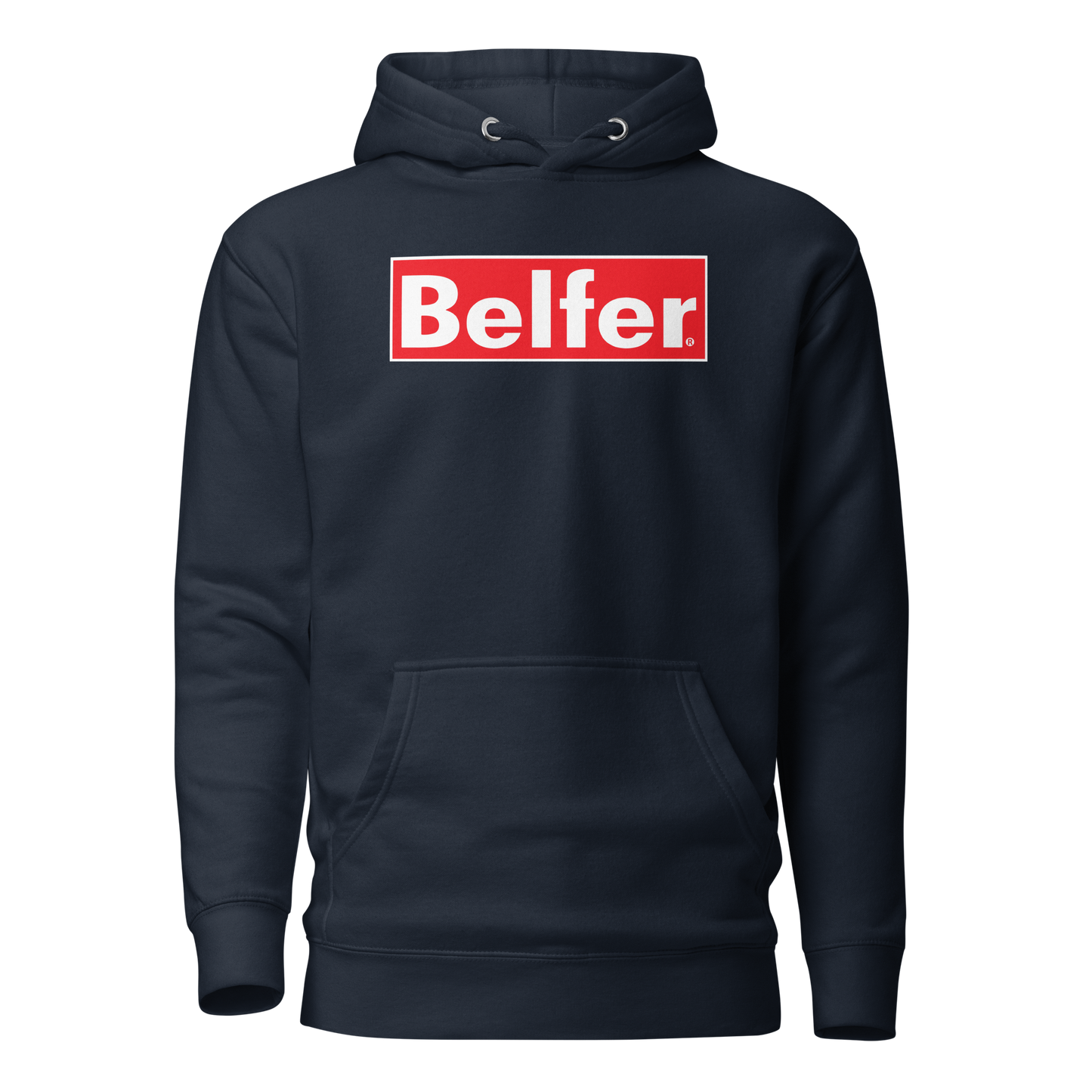Belfer® Box Logo Premium Hoodie Navy Front — Belfer® Premium Streetwear UK