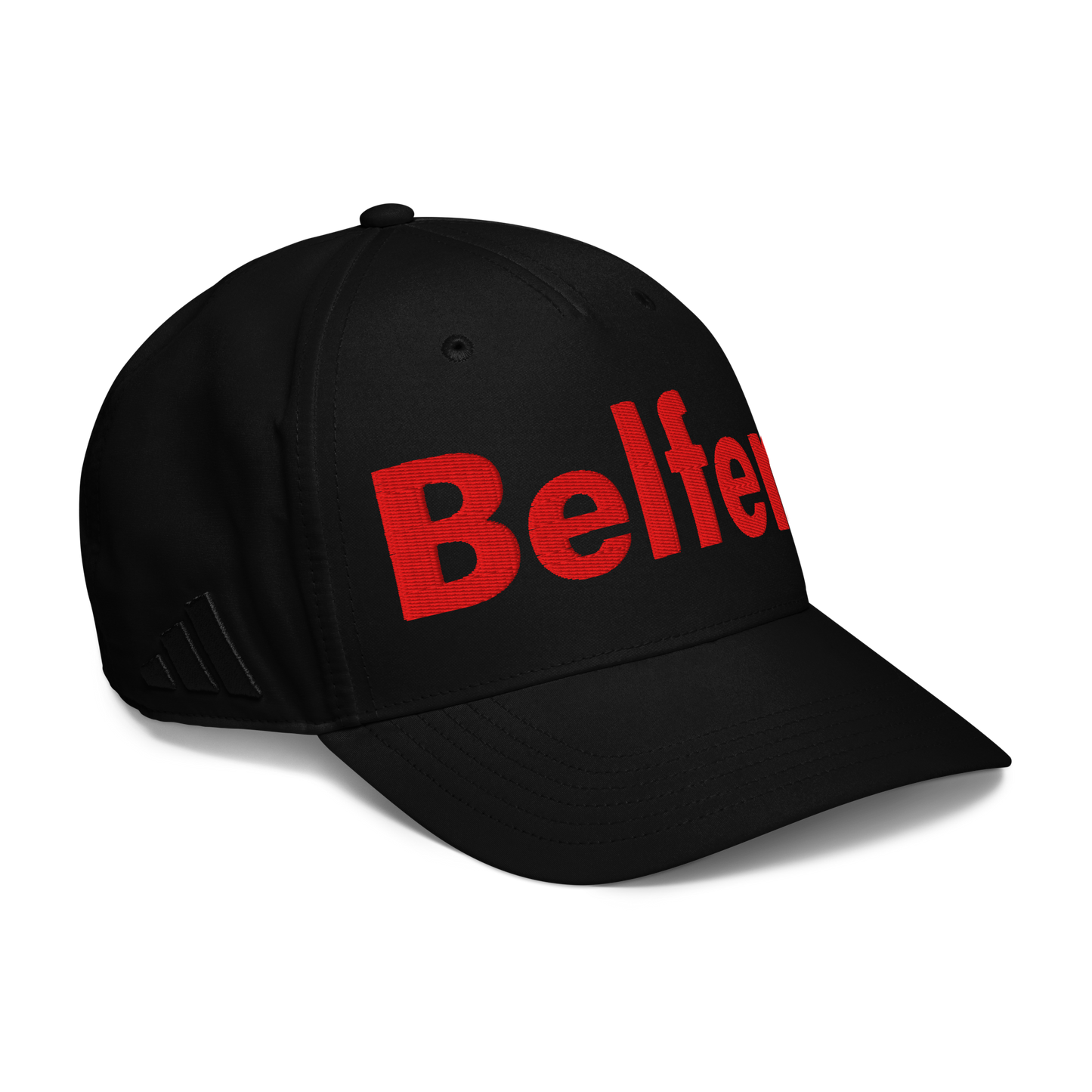 Belfer® Classic Hat Red Logo Black Front Left — Belfer® Premium Streetwear UK