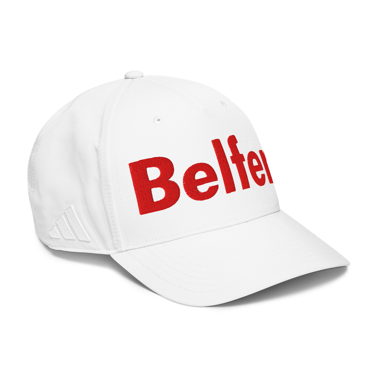 Belfer® Classic Hat Red Logo White Front Left — Belfer® Premium Streetwear UK