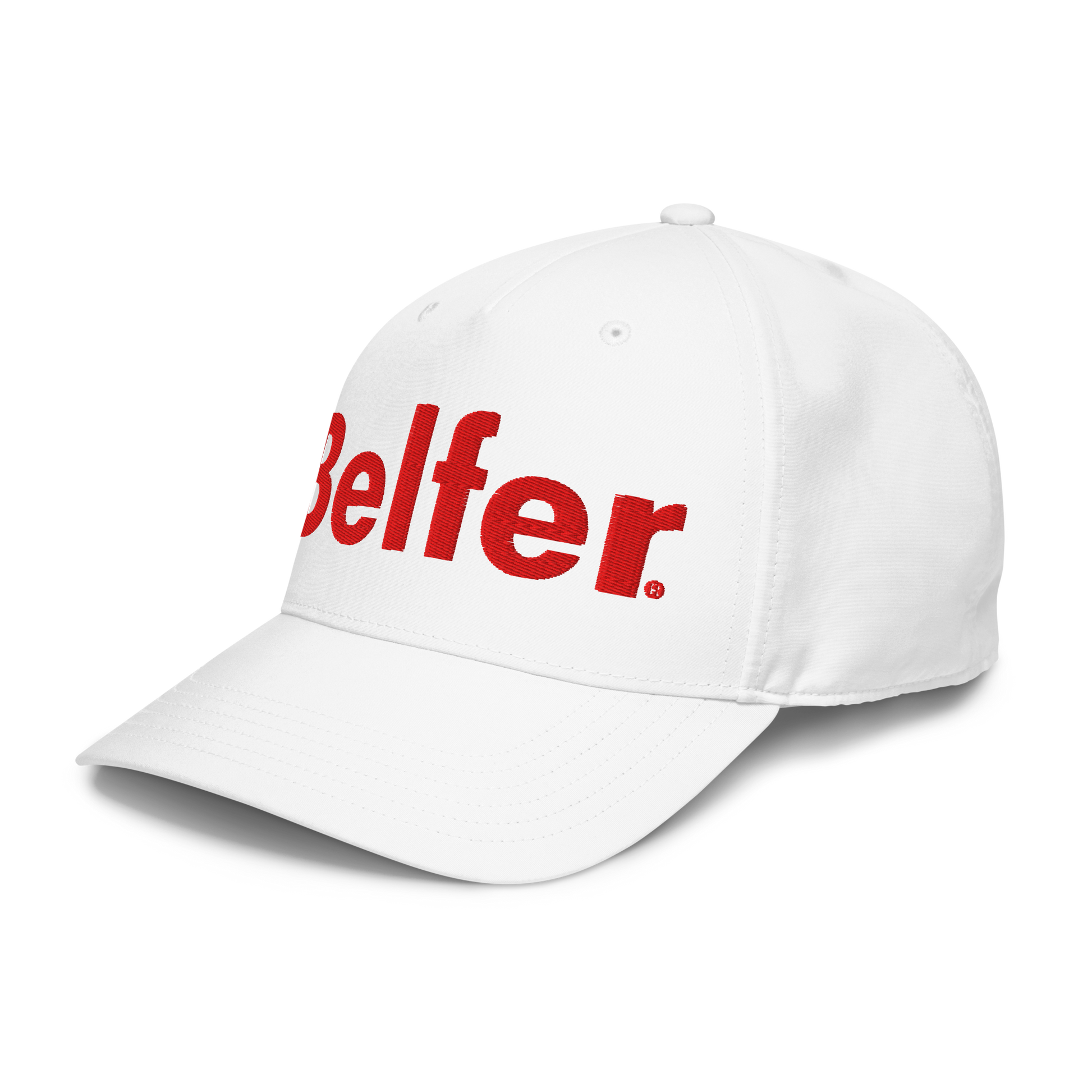 Belfer® Classic Hat Red Logo White Front Right — Belfer® Premium Streetwear UK
