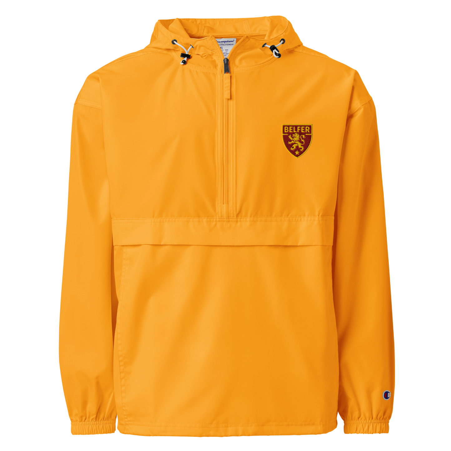 Belfer® Lion Crest Packable Windbreaker Gold Front — Belfer® Premium Streetwear UK