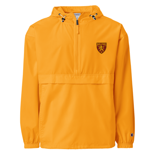 Belfer® Lion Crest Packable Windbreaker Gold Front — Belfer® Premium Streetwear UK