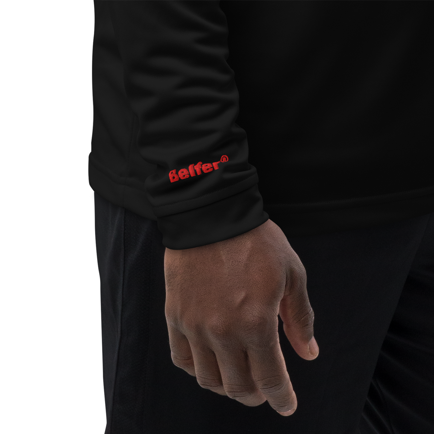 Belfer® Lion Crest Quarter-Zip Pullover Black Wrist Detail — Belfer® Premium Streetwear UK