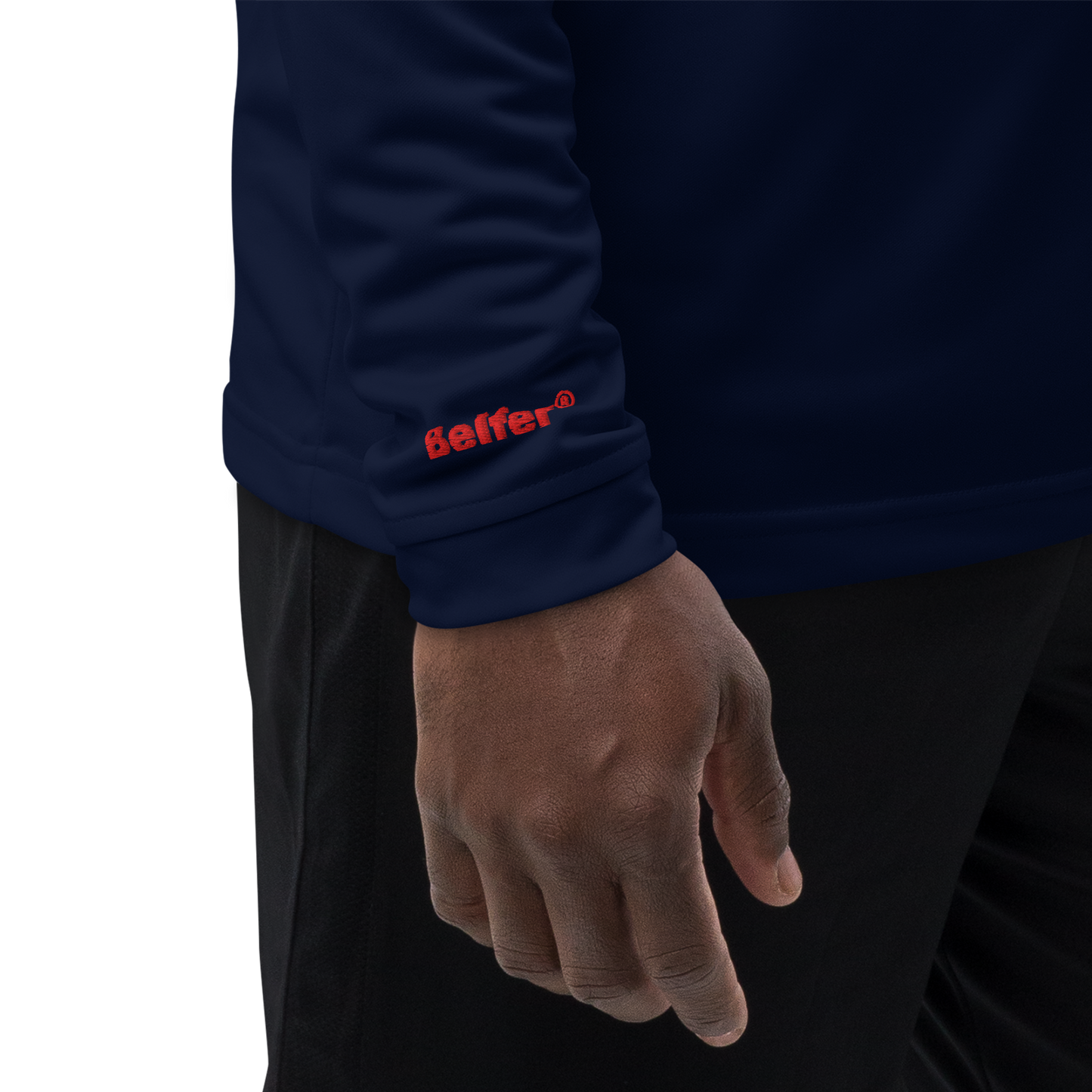 Belfer® Lion Crest Quarter-Zip Pullover Navy Wrist Detail — Belfer® Premium Streetwear UK