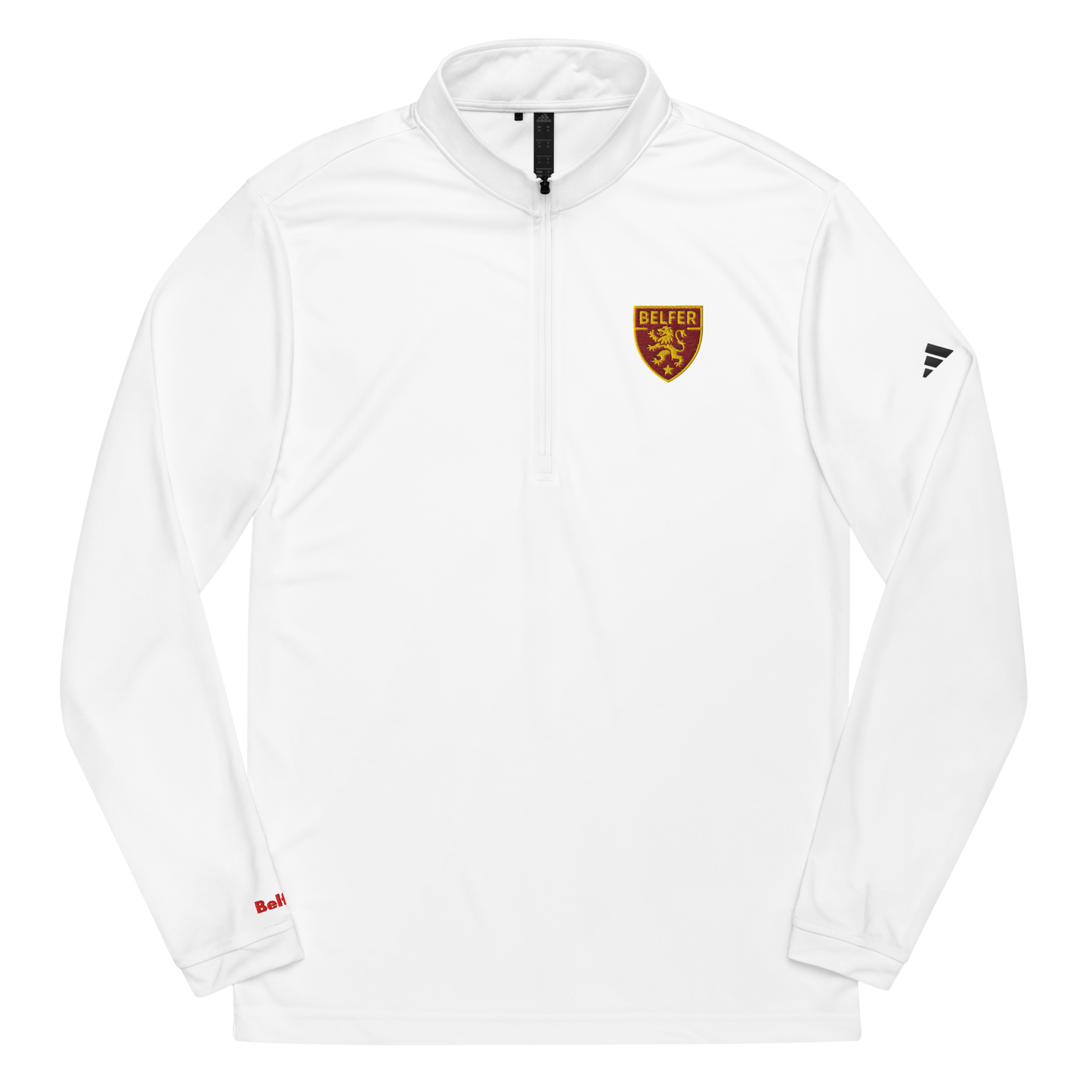 Belfer® Lion Crest Quarter-Zip Pullover White Front — Belfer® Premium Streetwear UK