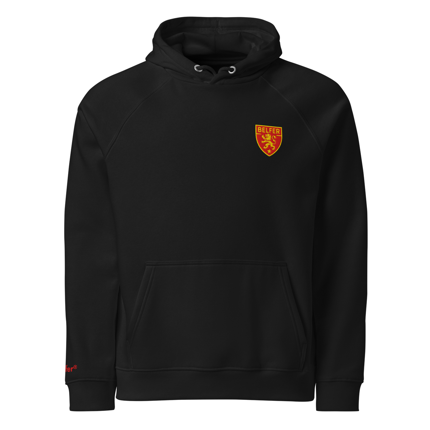 Belfer® Lion Crest Unisex Eco Hoodie Black Front — Belfer® Premium Streetwear UK
