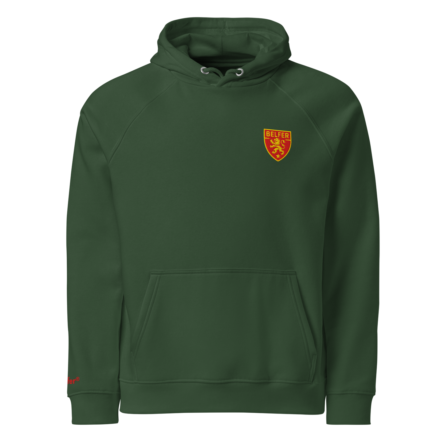 Belfer® Lion Crest Unisex Eco Hoodie Bottle Green Front — Belfer® Premium Streetwear UK