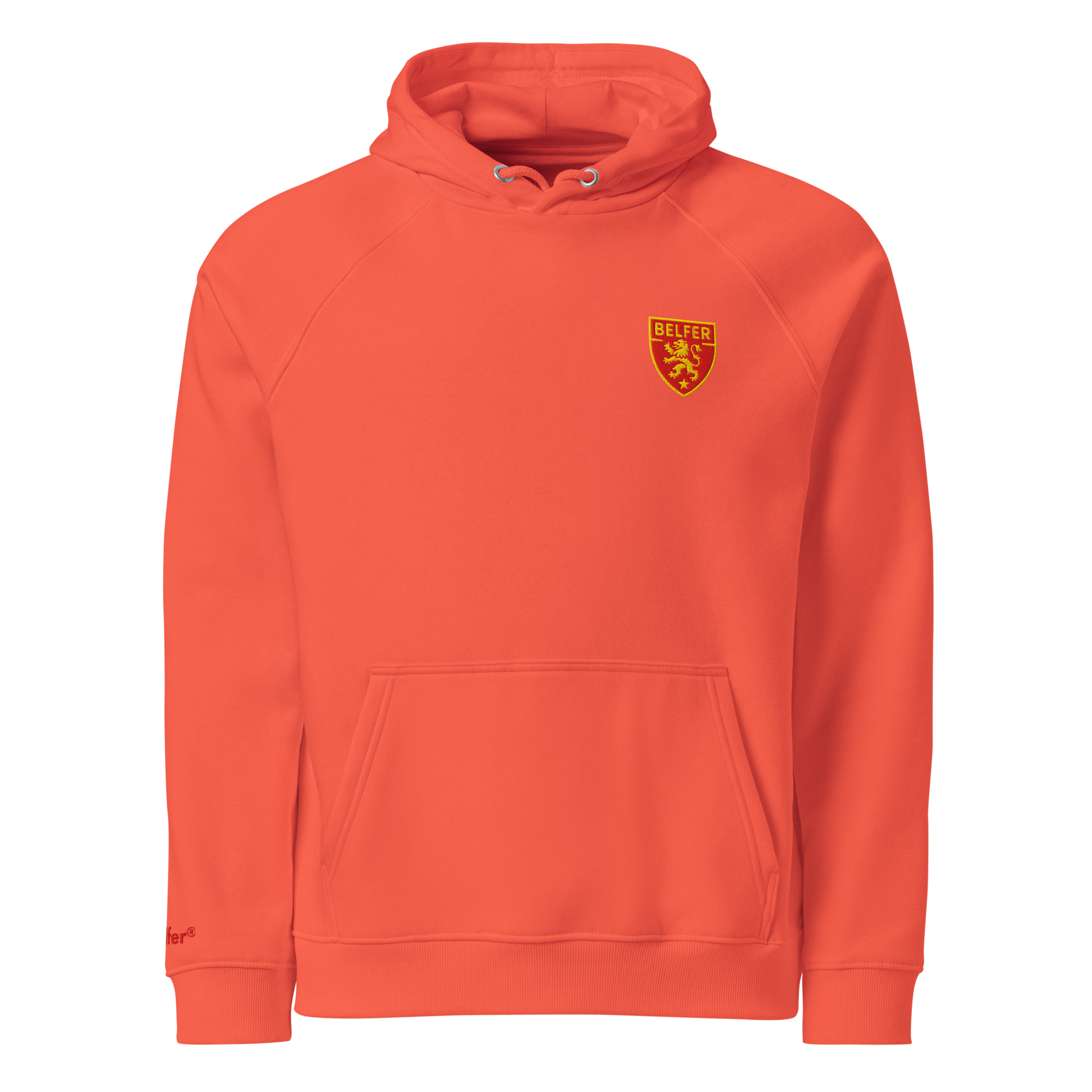 Belfer® Lion Crest Unisex Eco Hoodie Burnt Orange Front — Belfer® Premium Streetwear UK
