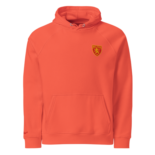 Belfer® Lion Crest Unisex Eco Hoodie Burnt Orange Front — Belfer® Premium Streetwear UK
