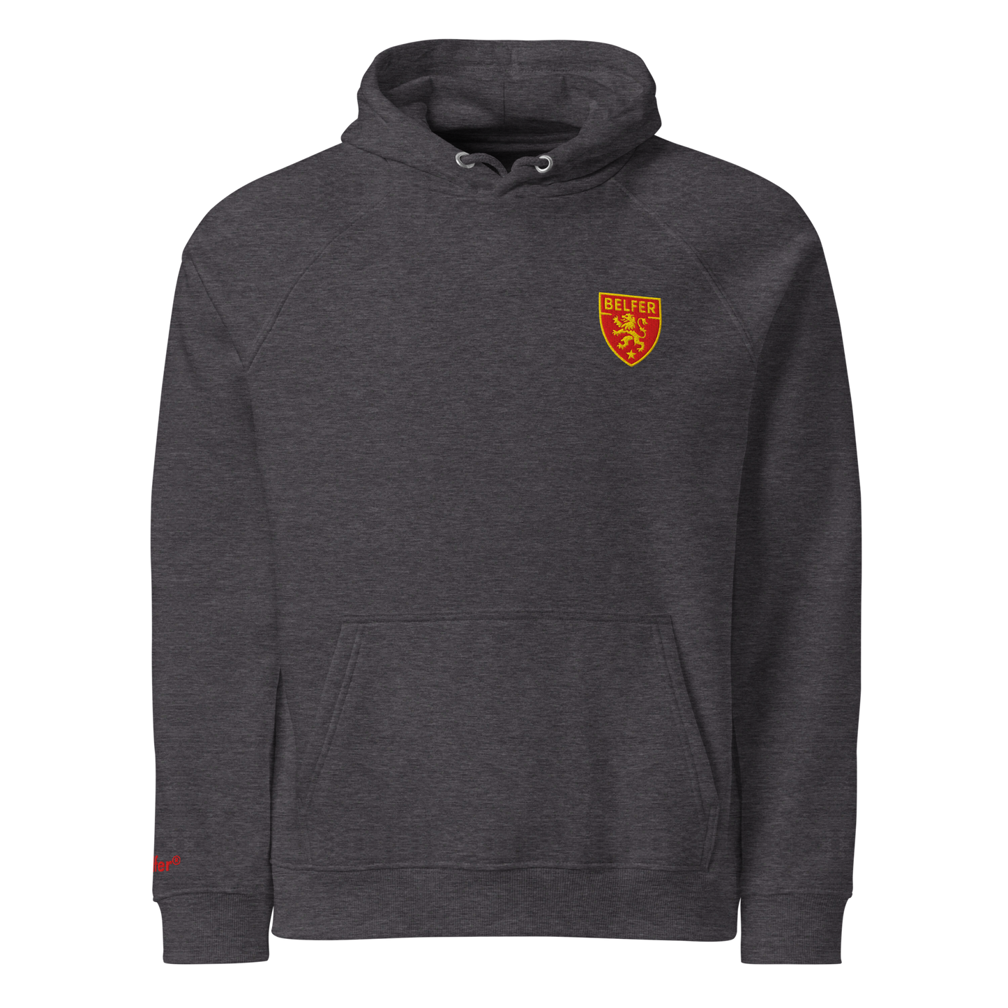 Belfer® Lion Crest Unisex Eco Hoodie Charcoal Melange Front — Belfer® Premium Streetwear UK