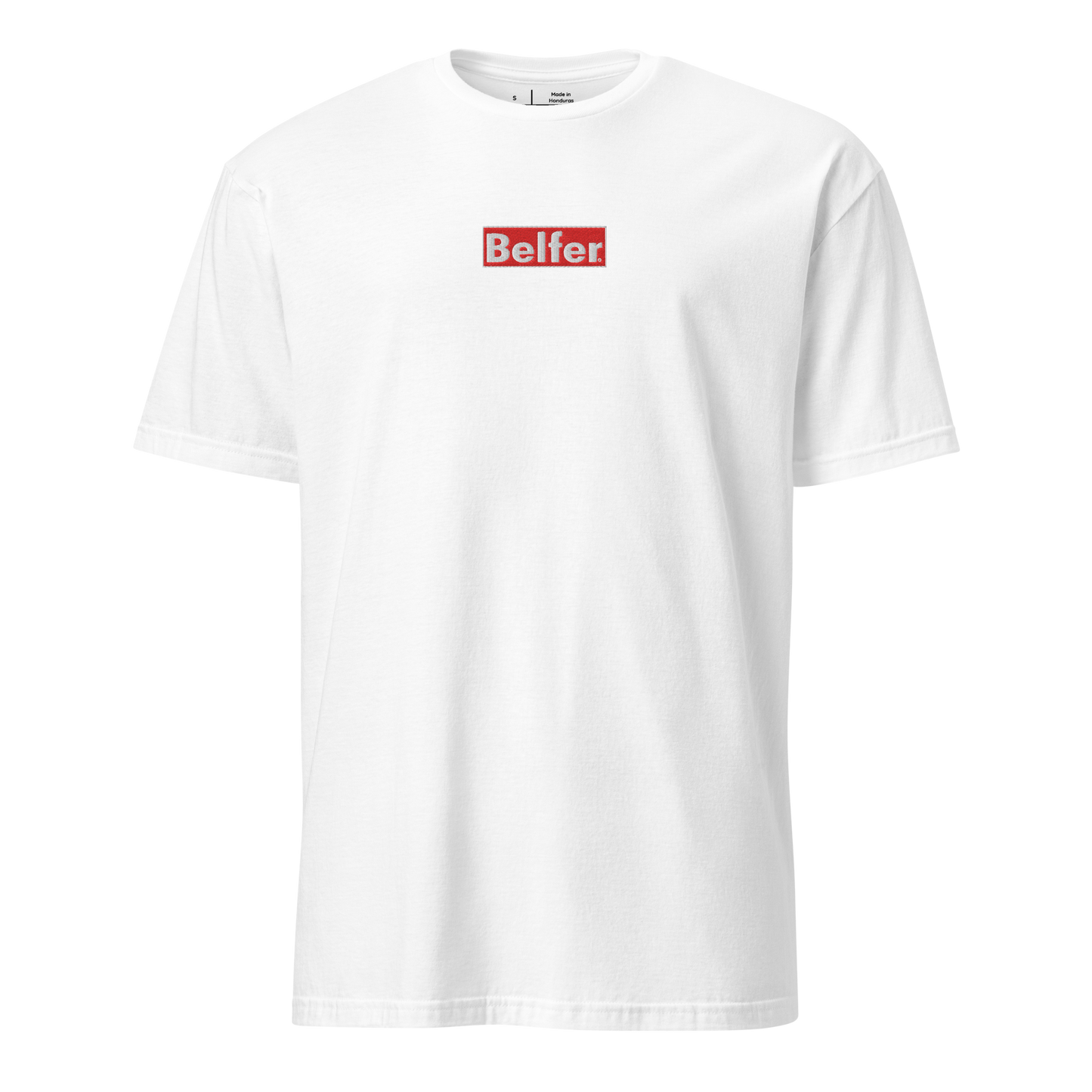 Belfer® Short-Sleeve Unisex T-Shirt White Front — Belfer® Premium Streetwear UK