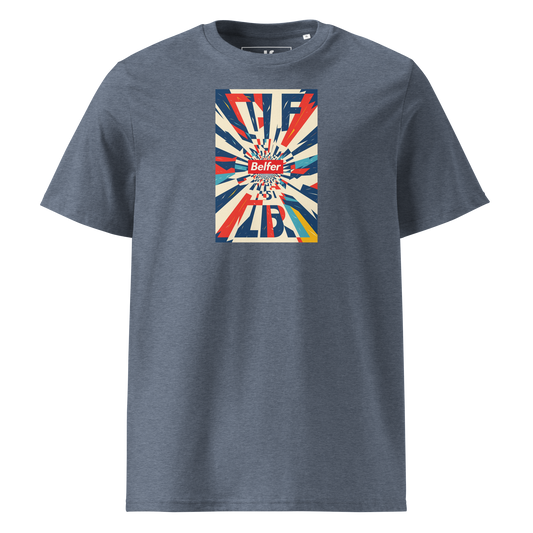 Belfer® Unisex Organic Cotton T-Shirt Dark Heather Blue Front — Belfer® Premium Streetwear UK