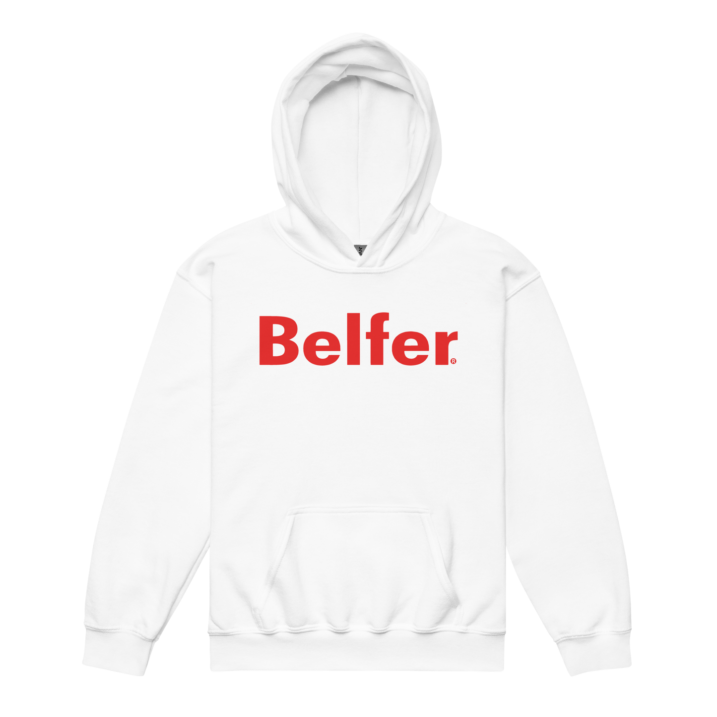 Belfer® Youth Heavy Blend Hoodie White Front — Belfer® Premium Kids Streetwear UK