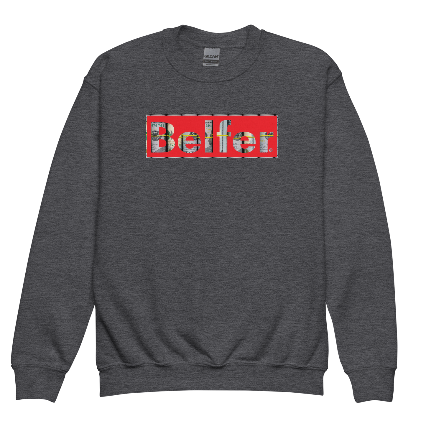 Belfer® Youth Sweatshirt Dark Heather Front — Belfer® Premium Kids Streetwear UK