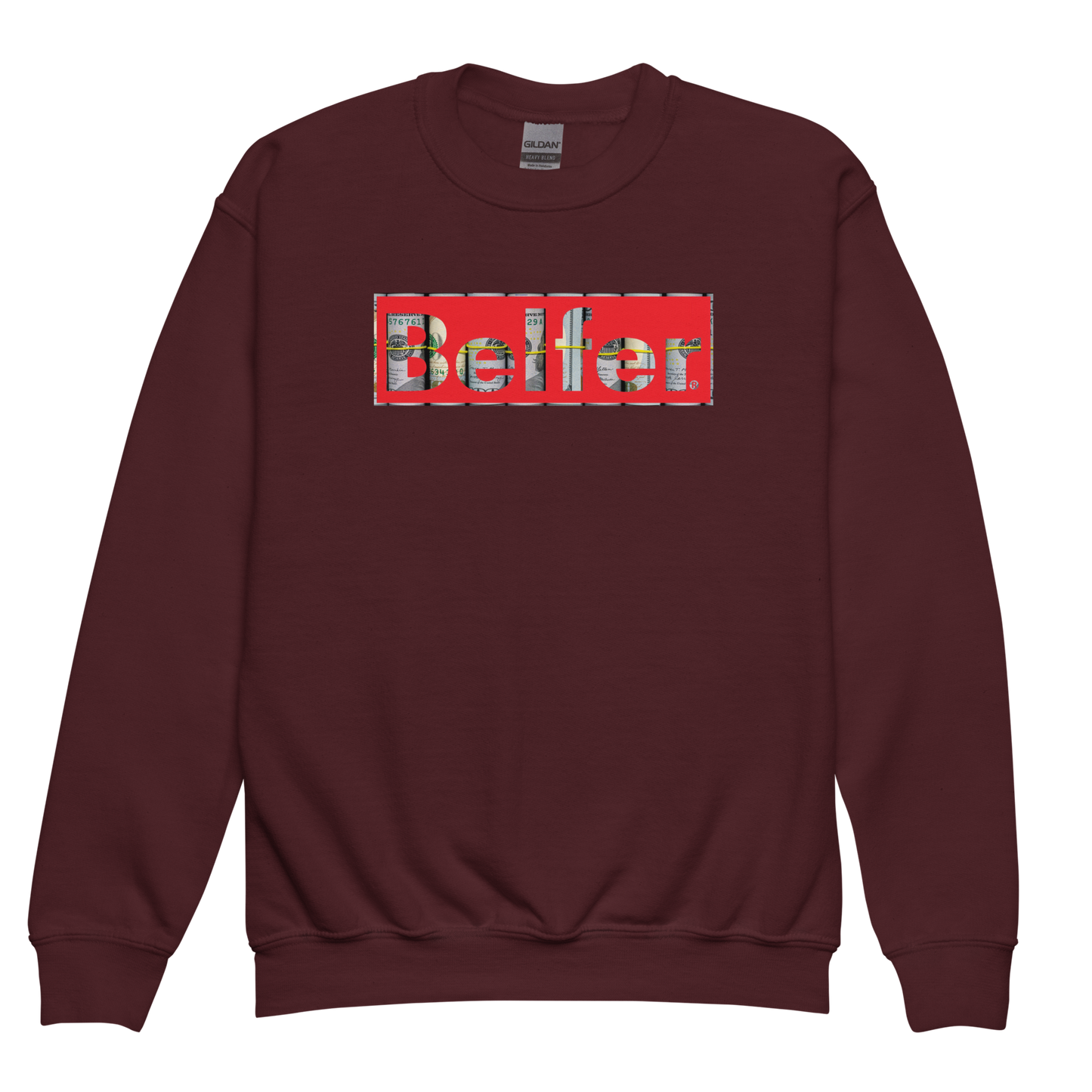 Belfer® Youth Sweatshirt Maroon Front — Belfer® Premium Kids Streetwear UK