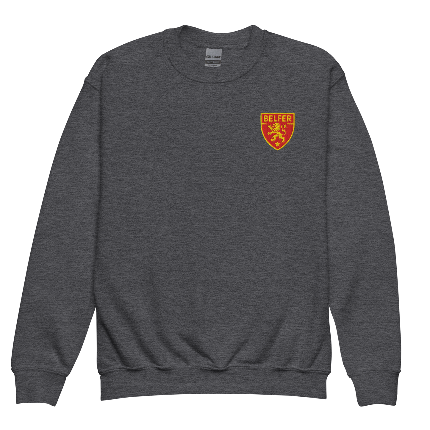 Belfer® Youth Sweatshirt Shield Crest Dark Heather Front — Belfer® Premium Kids Streetwear UK