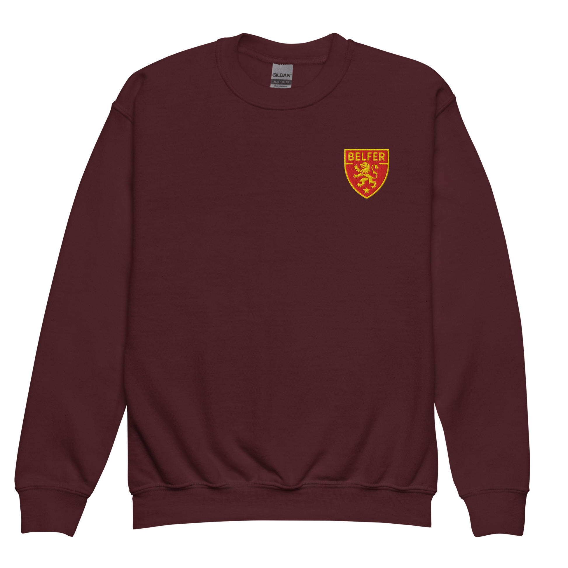 Belfer® Youth Sweatshirt Shield Crest Maroon Front — Belfer® Premium Kids Streetwear UK