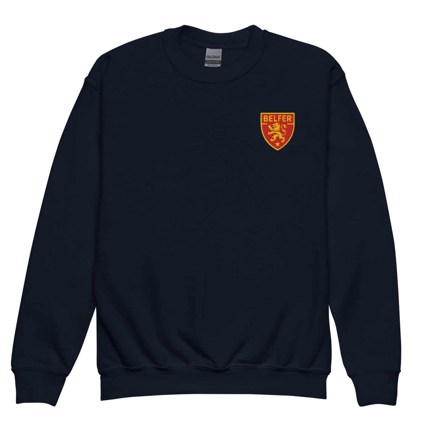 Belfer® Youth Sweatshirt Shield Crest Navy Front — Belfer® Premium Kids Streetwear UK
