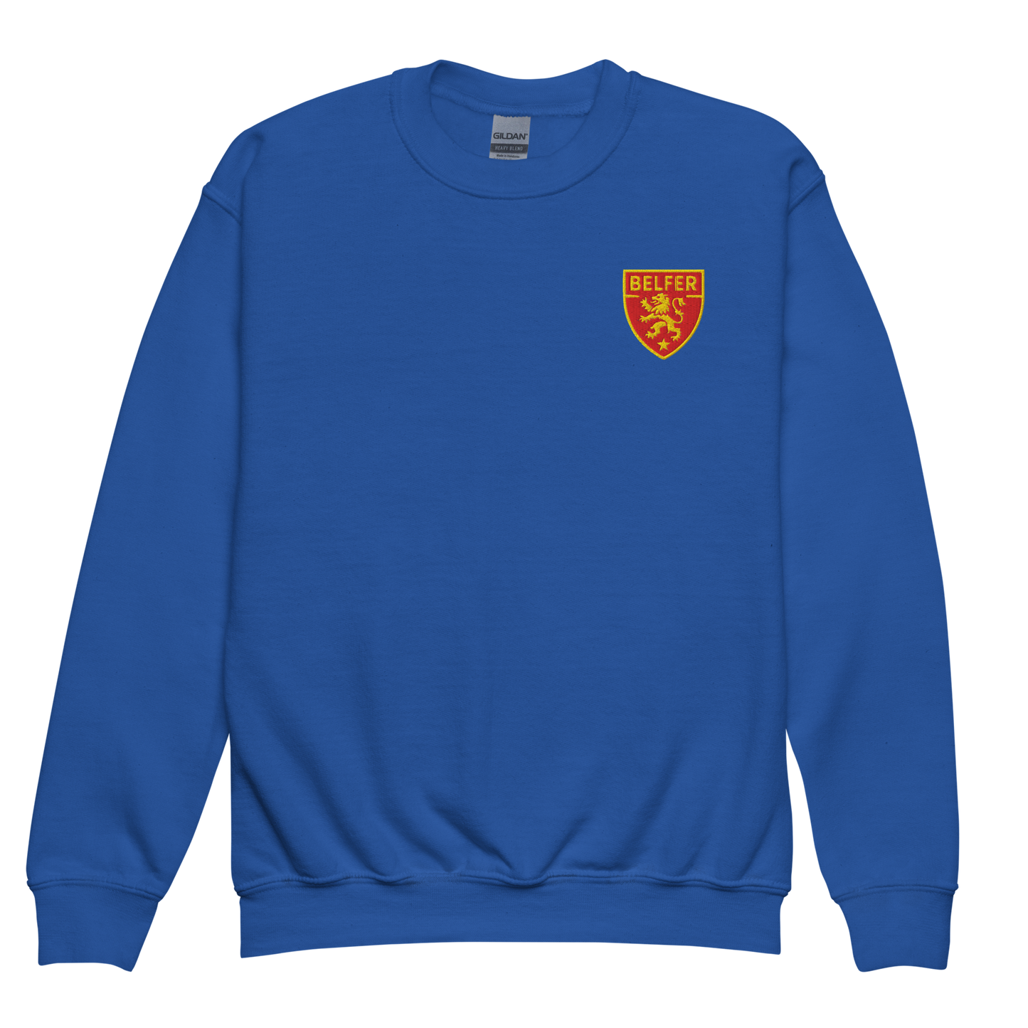 Belfer® Youth Sweatshirt Shield Crest Royal Front — Belfer® Premium Kids Streetwear UK