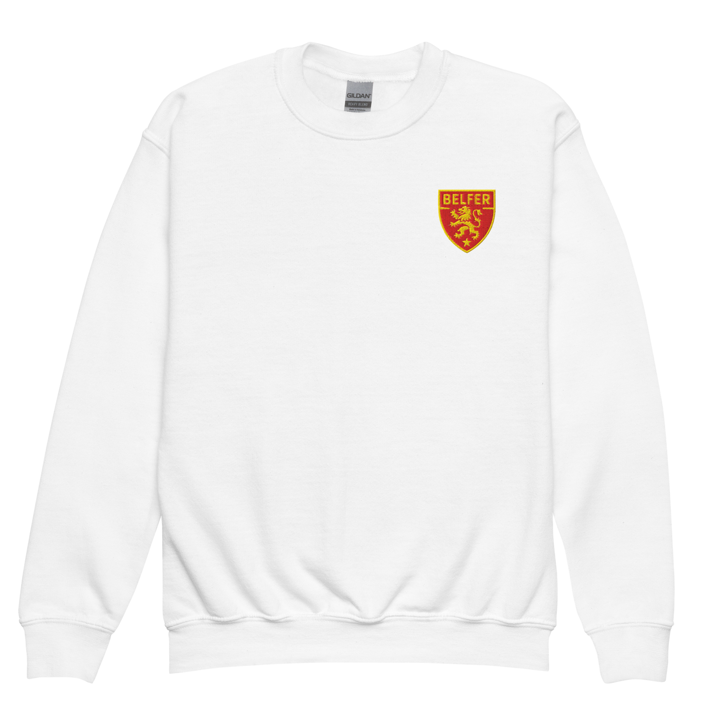 Belfer® Youth Sweatshirt Shield Crest White Front — Belfer® Premium Kids Streetwear UK