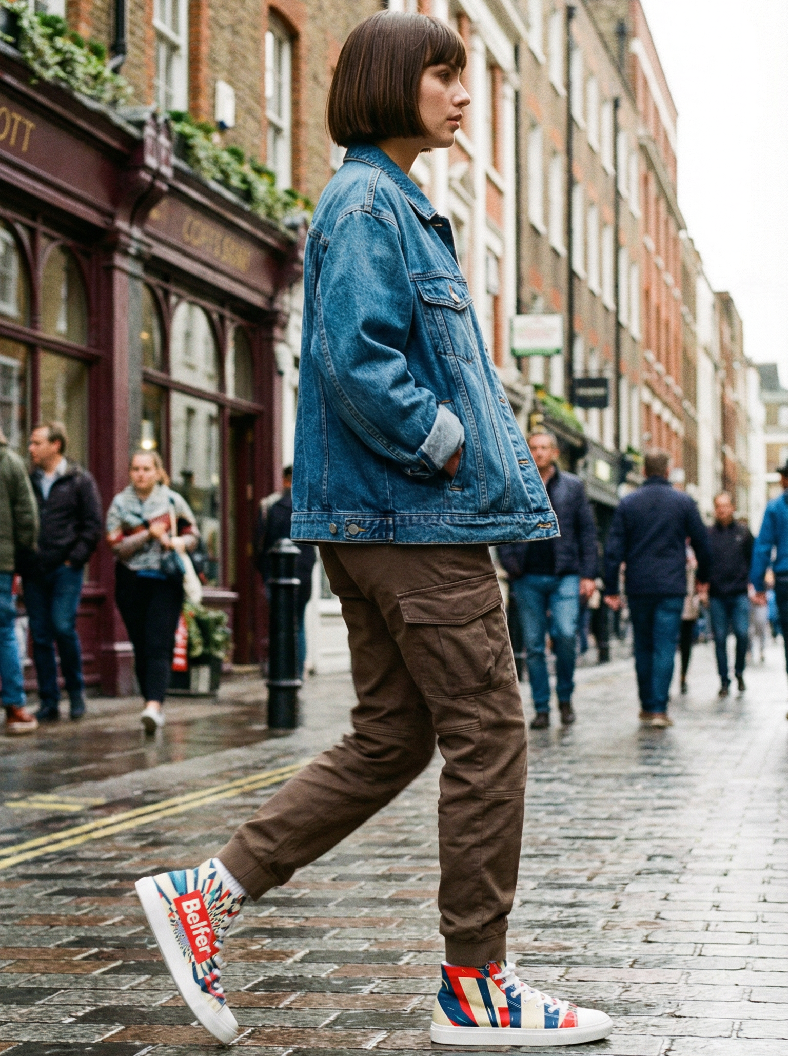 Person wearing a denim jacket and brown pants walking on a city street.